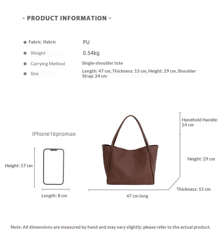 Original PU tote guide showing 47 cm width, 29 cm height, 15 cm depth and 24 cm handle drop