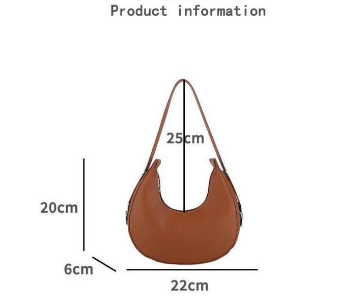 Crescent shoulder bag guide showing 22 cm width, 20 cm height, 6 cm depth and 25 cm strap drop