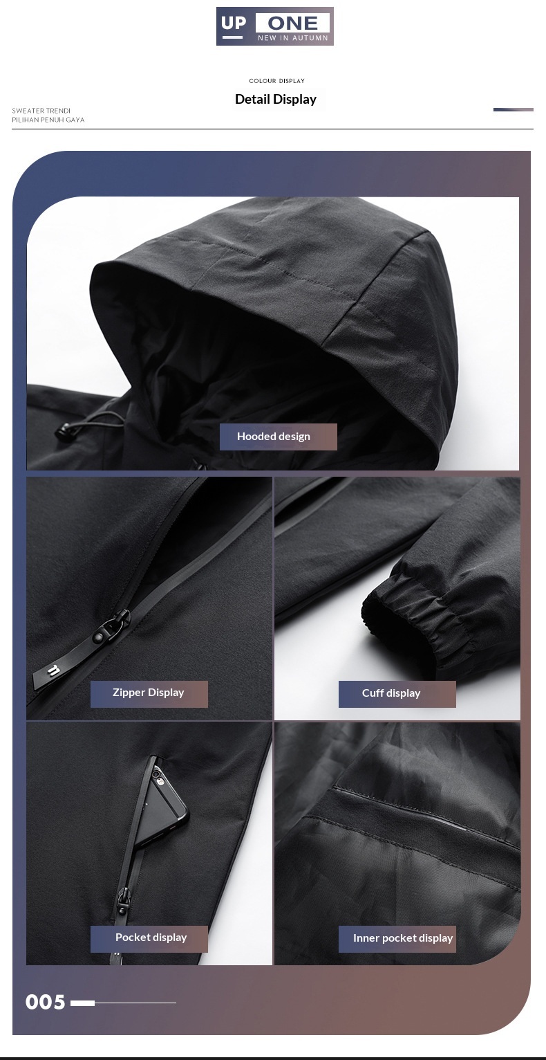 Men's Hooded Zip-Up Jacket - hood, zip, elasticated cuff and pocket construction details