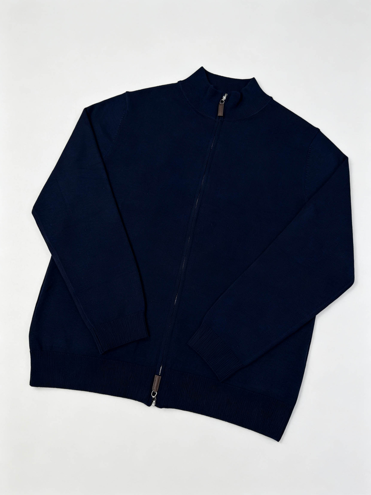 Men's Wool-Blend Stand-Collar Zip-Up Cardigan - dark blue flat-lay view showing two-way zip and ribbed trims