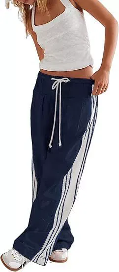 Pants With Extended Length, Contrasting Drawstring, Harem Street Style, Loose Casual Fit, With Thin Side Stripes Navy Blues Whiteside - Shop at LoveMi