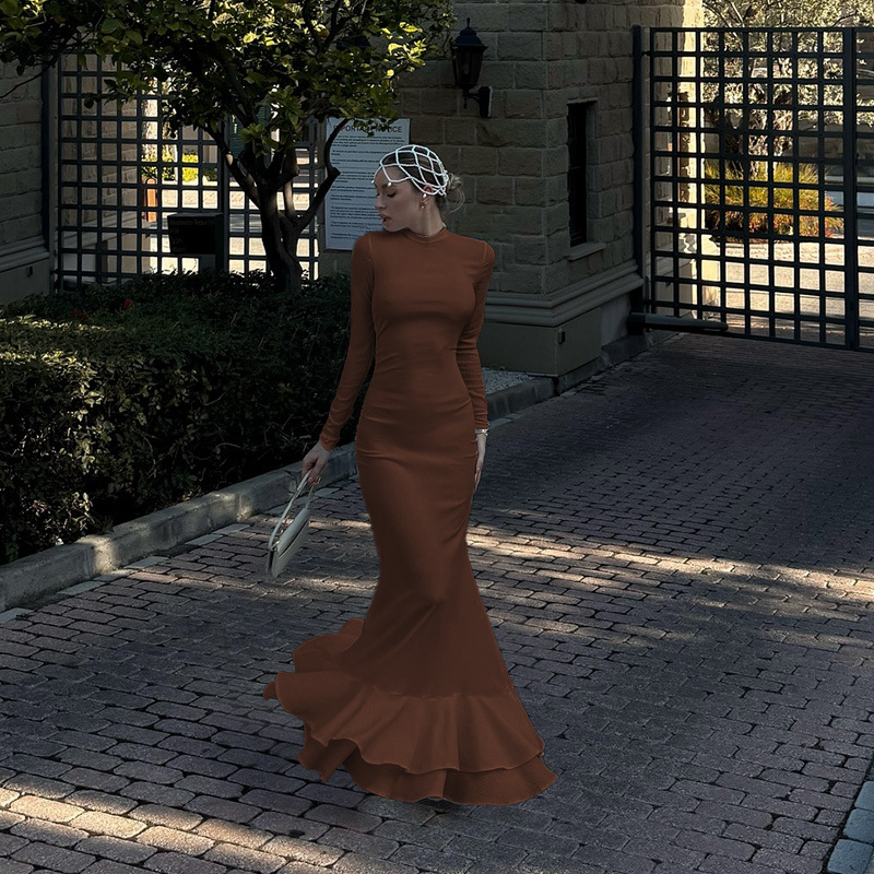 Women's Semi turtleneck Long sleeve Fitted Mermaid Dress, Elegant Long Dress Brown - Shop at LoveMi