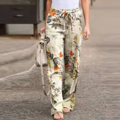 Printed Cotton-Linen Casual Comfortable Elastic Waist Women's Long Pants - Yellow Flower - View 1