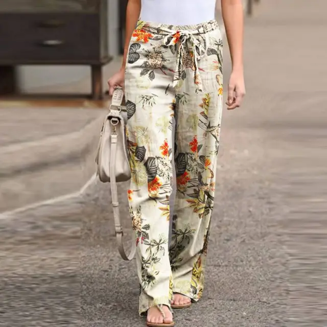 Printed Cotton Linen Casual Comfortable Elastic Waist Women's Long Pants Yellow Flower - Shop at LoveMi