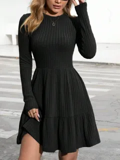 Striped Round Neck Knit Dress For Women - Black - View 1