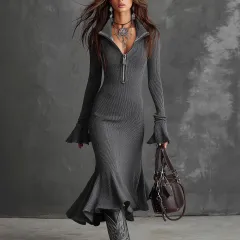 Fashionable New Elegant Zip-Up Collared Flare Sleeve Knitted Mermaid Dress - Dark Grey - View 1