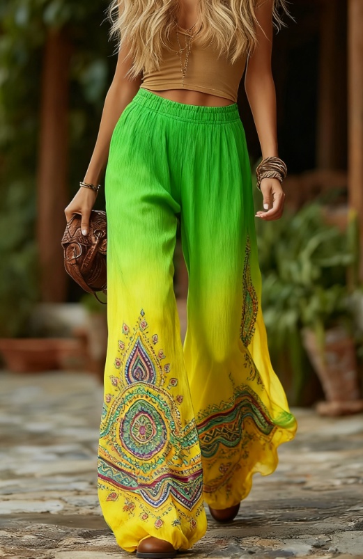 Elegant Retro Patchwork Floral Embroidered Gradient Linen Pants — image 1