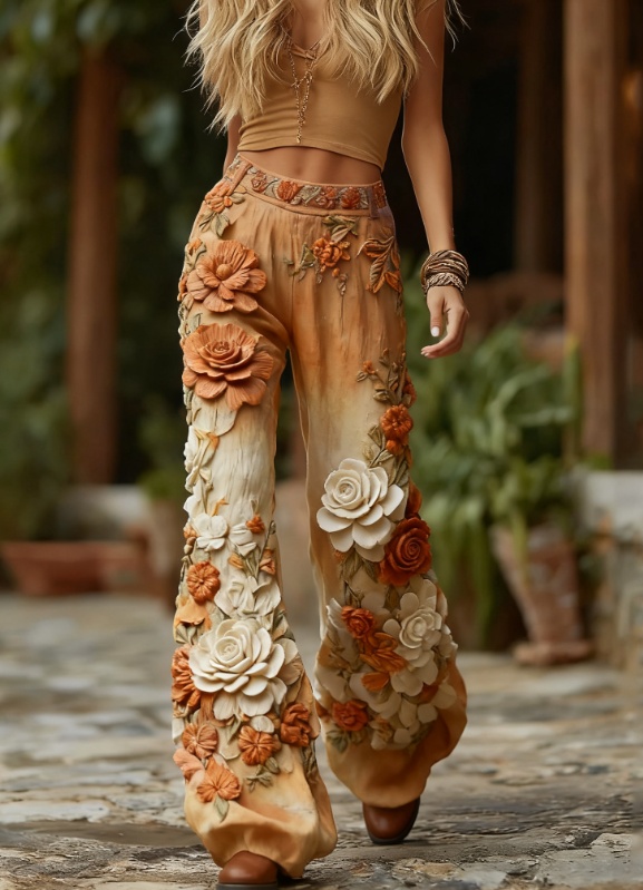Elegant Retro Patchwork Floral Embroidered Gradient Linen Pants — image 1