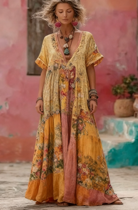 Women's Floral Embroidery Patchwork Art V-Neck Long Dress