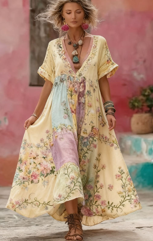 Women's Floral Embroidery Patchwork Art V-Neck Long Dress