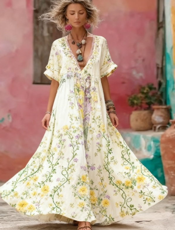 Women's Floral Embroidery Patchwork Art V-Neck Long Dress