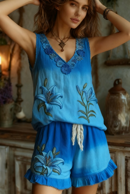 Women's Floral Embroidery V-neck Vest And Shorts Two-Piece Set — image 1