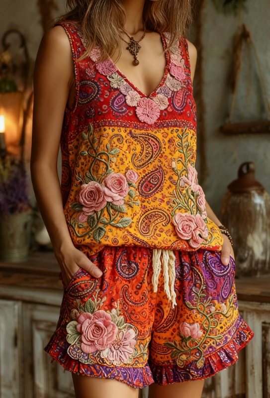 Women's Floral Embroidery V-neck Vest And Shorts Two-Piece Set — image 1