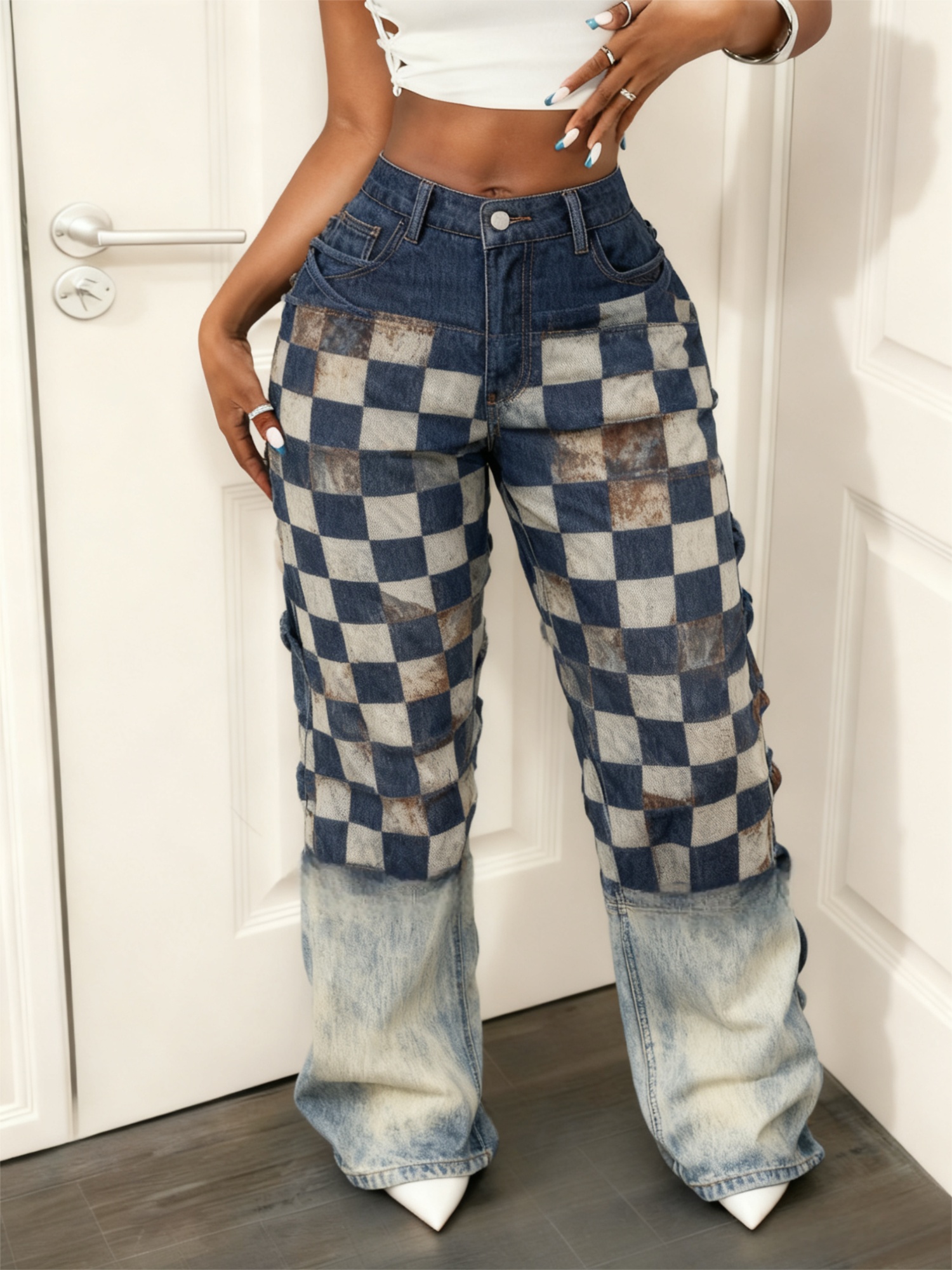 Retro Floral Print High-waisted Wide-leg Casual Women's Denim Trousers