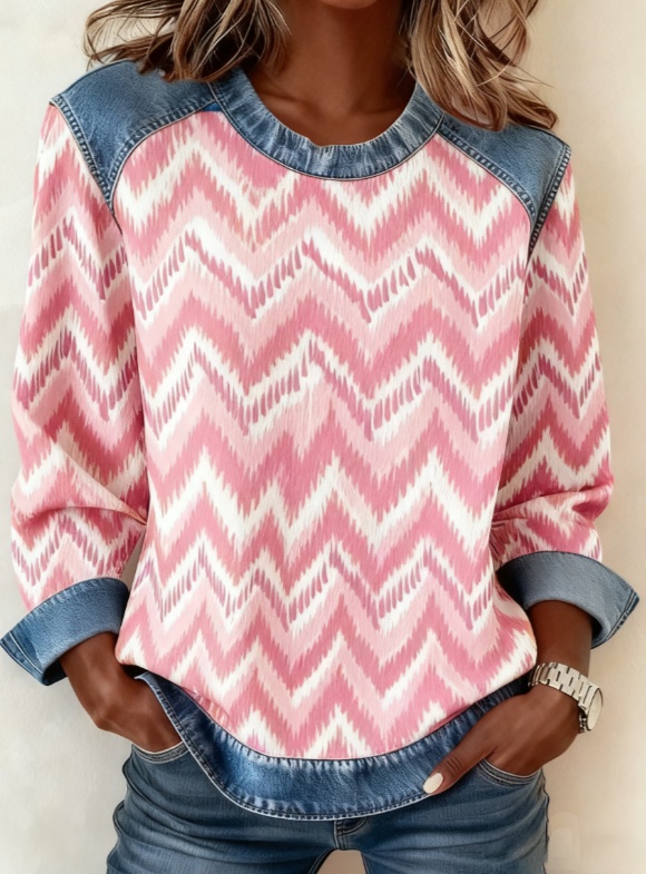 Denim Patchwork Crew Neck Casual Top
