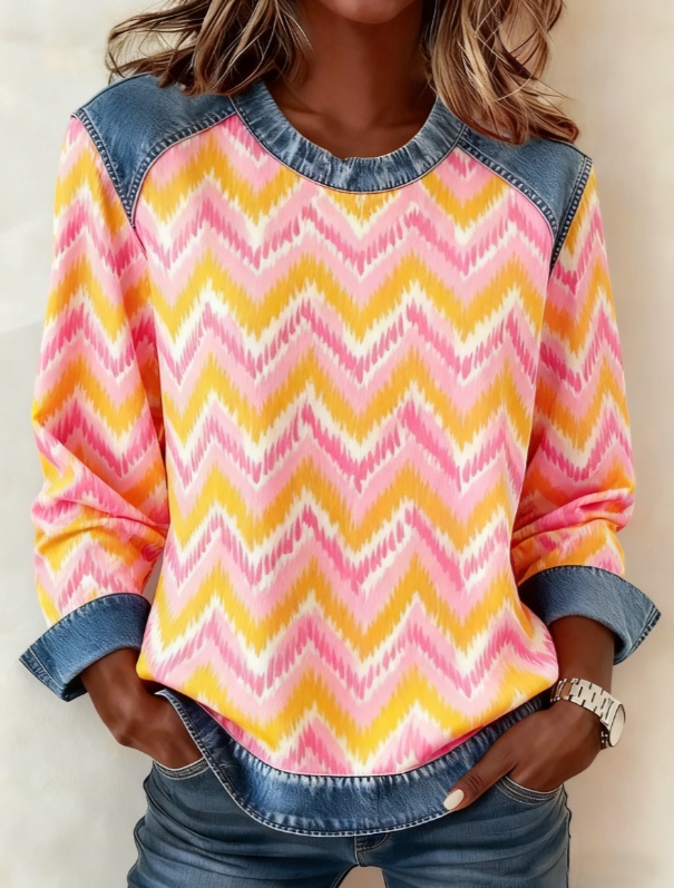 Denim Patchwork Crew Neck Casual Top