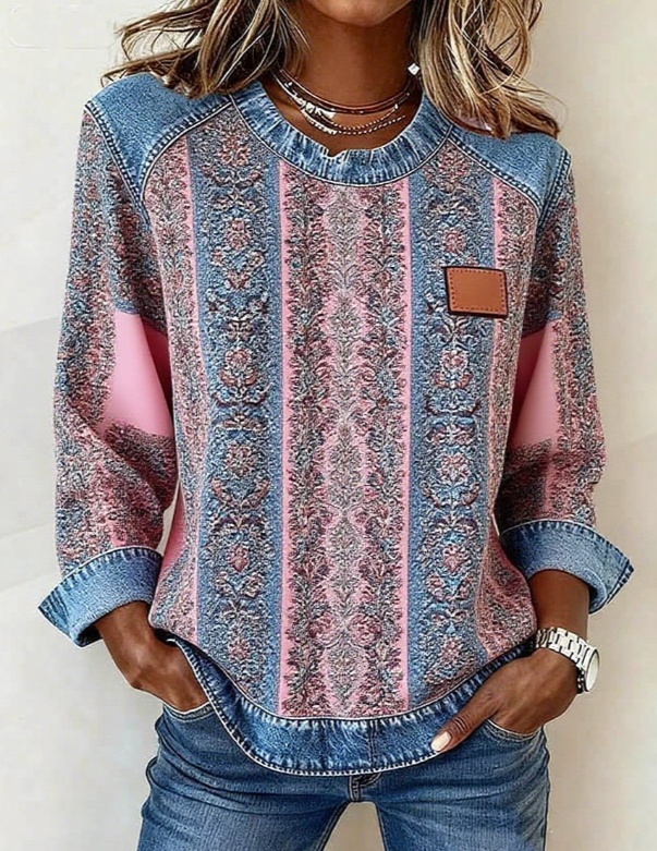 Denim Patchwork Crew Neck Casual Top