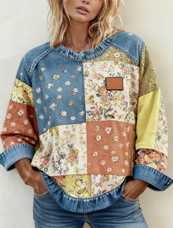 Denim Patchwork Crew Neck Casual Top
