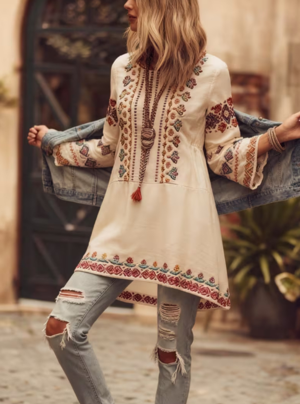 Haut décontracté à motifs ethniques, col rond et manches cloche – style 1, M