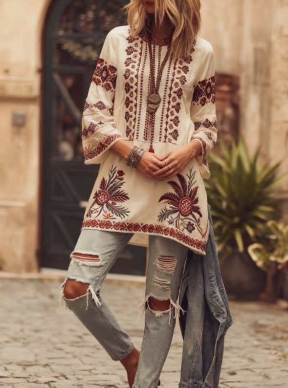 Haut décontracté à motifs ethniques, col rond et manches cloche – style 1, M