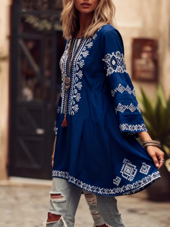 Haut décontracté à motifs ethniques, col rond et manches cloche – style 1, M