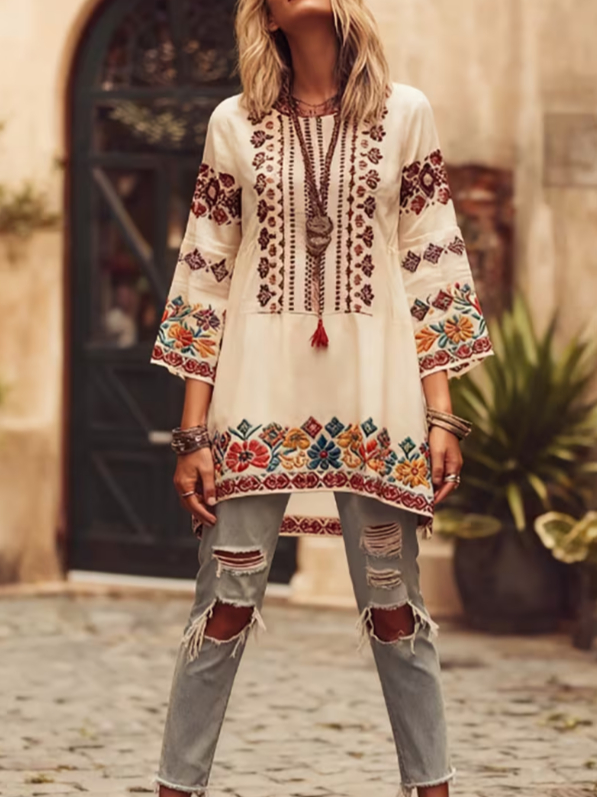 Haut décontracté à motifs ethniques, col rond et manches cloche – style 1, M