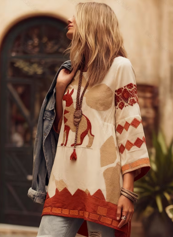 Ethnic Patterned Round Neck Bell Sleeve Casual Top