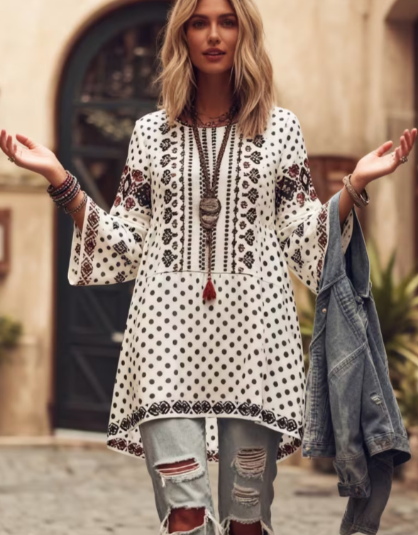 Haut décontracté à motifs ethniques, col rond et manches cloche – style 1, M