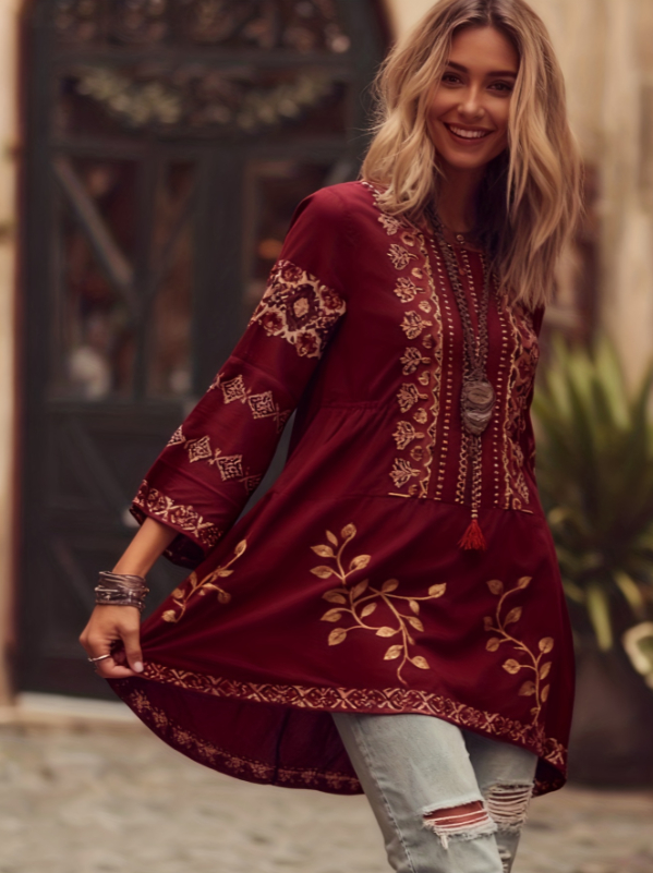 Ethnic Patterned Round Neck Bell Sleeve Casual Top - 1style-M