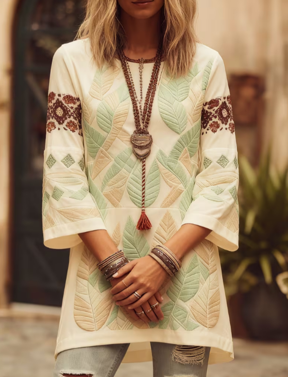Ethnic Patterned Round Neck Bell Sleeve Casual Top