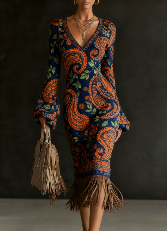 Robe décontractée à col V et manches cloche ornée de pompons – style 5, S