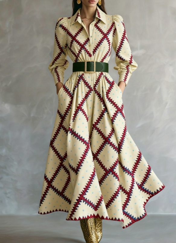 Waist-cinching Shirt Collar Casual Long Dress