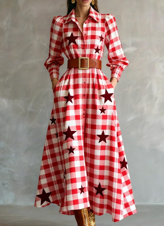 Waist-cinching Shirt Collar Casual Long Dress