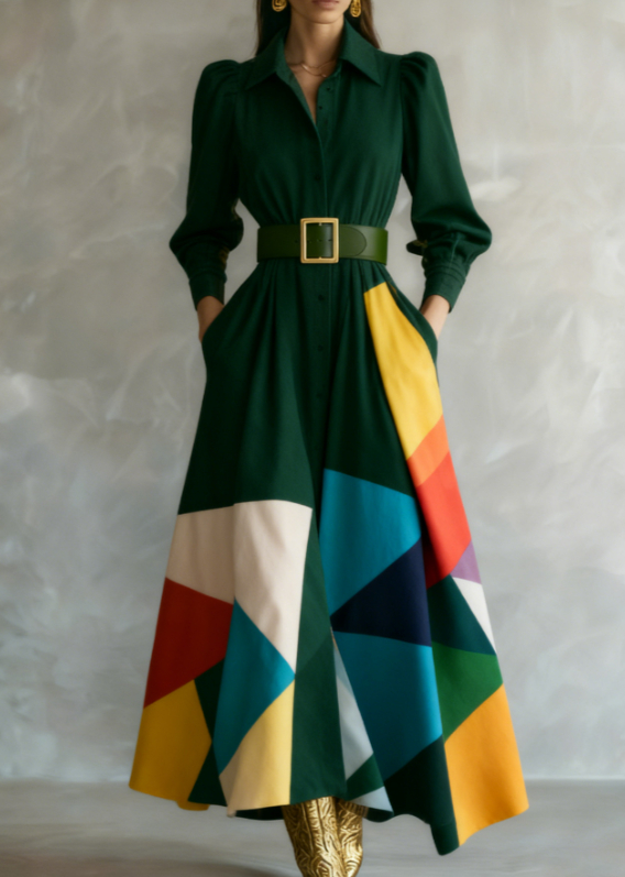 Waist-cinching Shirt Collar Casual Long Dress