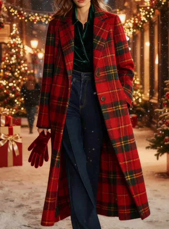Plaid Casual Long Wool Coat - 2Style