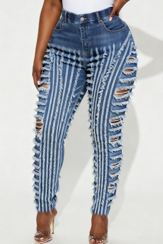Patchwork Frayed Casual High-waisted Slim-fit Ripped Jeans