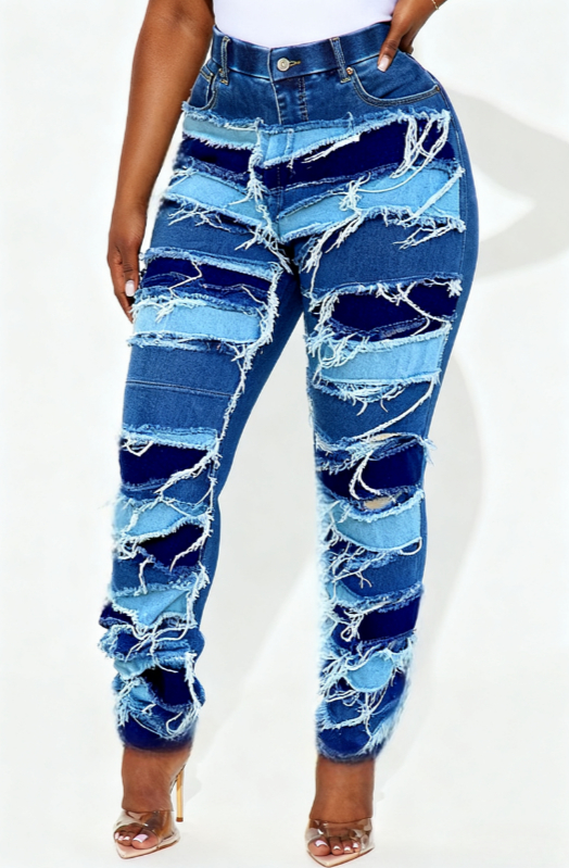 Patchwork Frayed Casual High-waisted Slim-fit Ripped Jeans