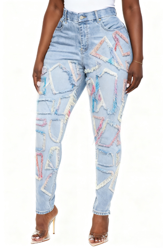 Patchwork Frayed Casual High-waisted Slim-fit Ripped Jeans