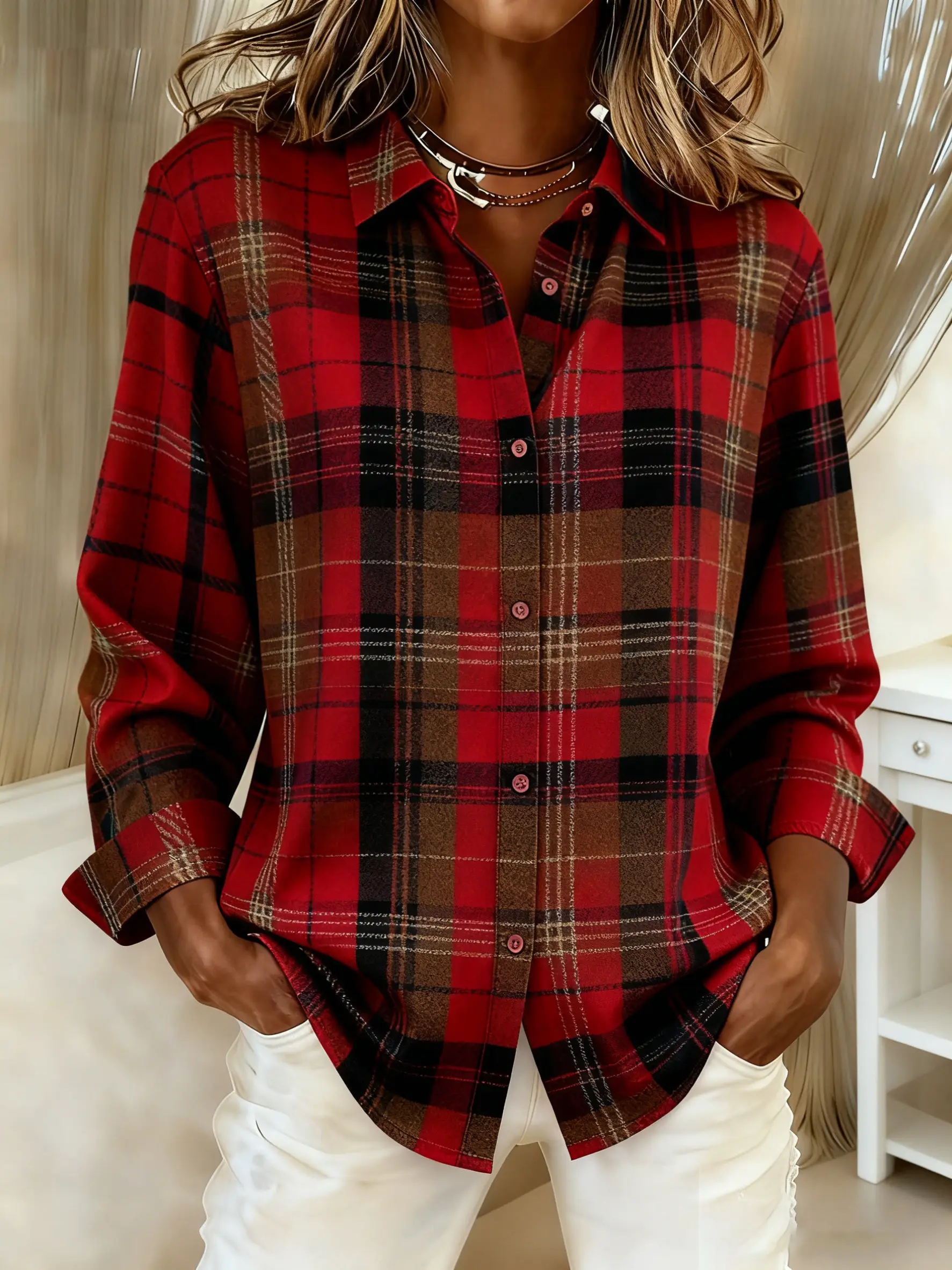 Retro Plaid Button-Down Shirt for Women, Long Sleeve Loose Casual Top