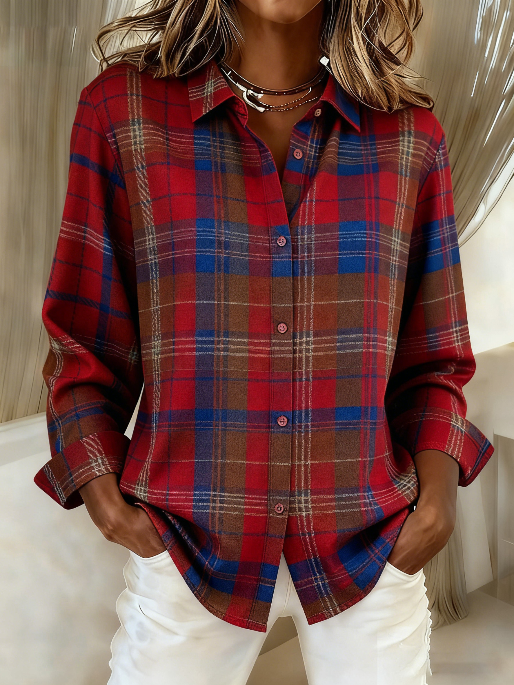 Retro Plaid Casual Collar Button Loose Long-sleeved Shirt