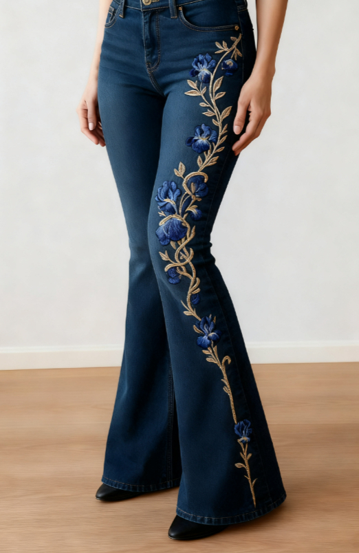 Women's Casual Floral Print Slim-fit Flared Jeans
