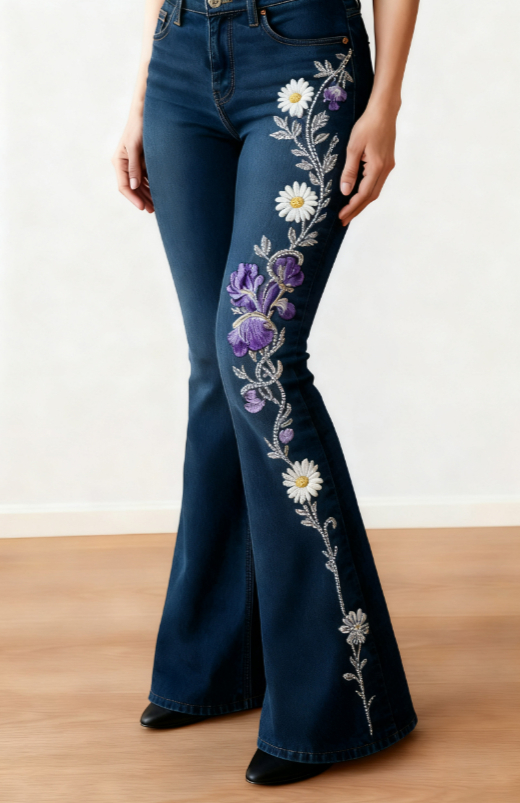 Women's Casual Floral Print Slim-fit Flared Jeans