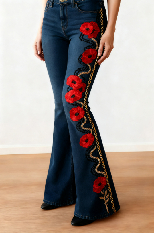 Women's Casual Floral Print Slim-fit Flared Jeans