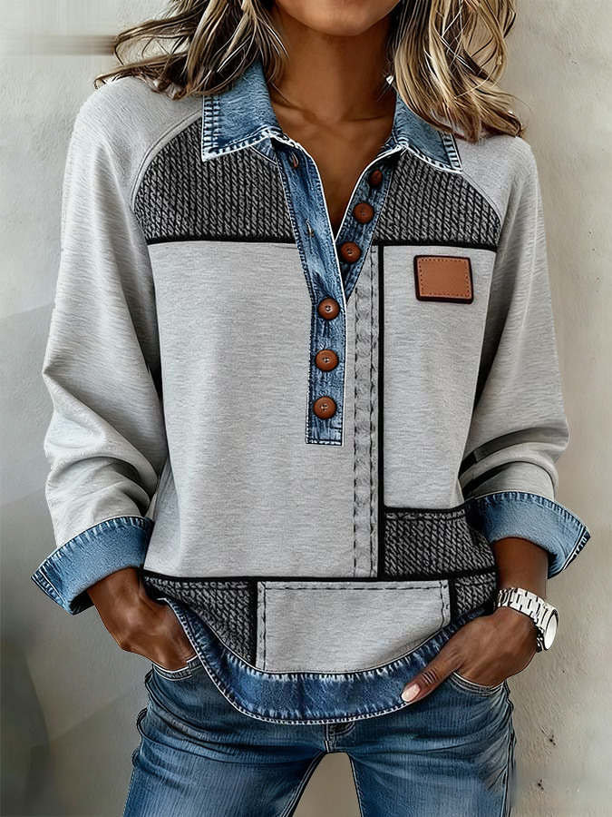 Denim Patchwork Collar Button-down Casual Long-sleeved Top