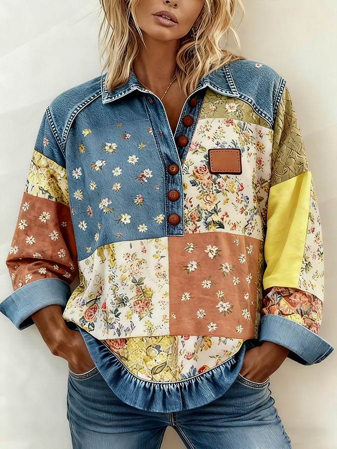 Denim Patchwork Collar Button-down Casual Long-sleeved Top