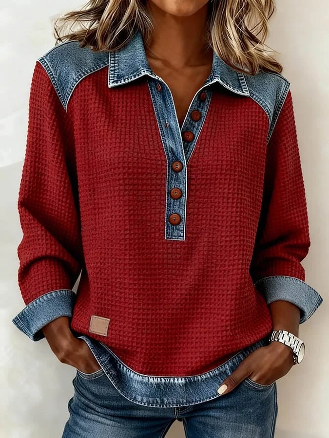 Denim Patchwork Collar Button-down Casual Long-sleeved Top