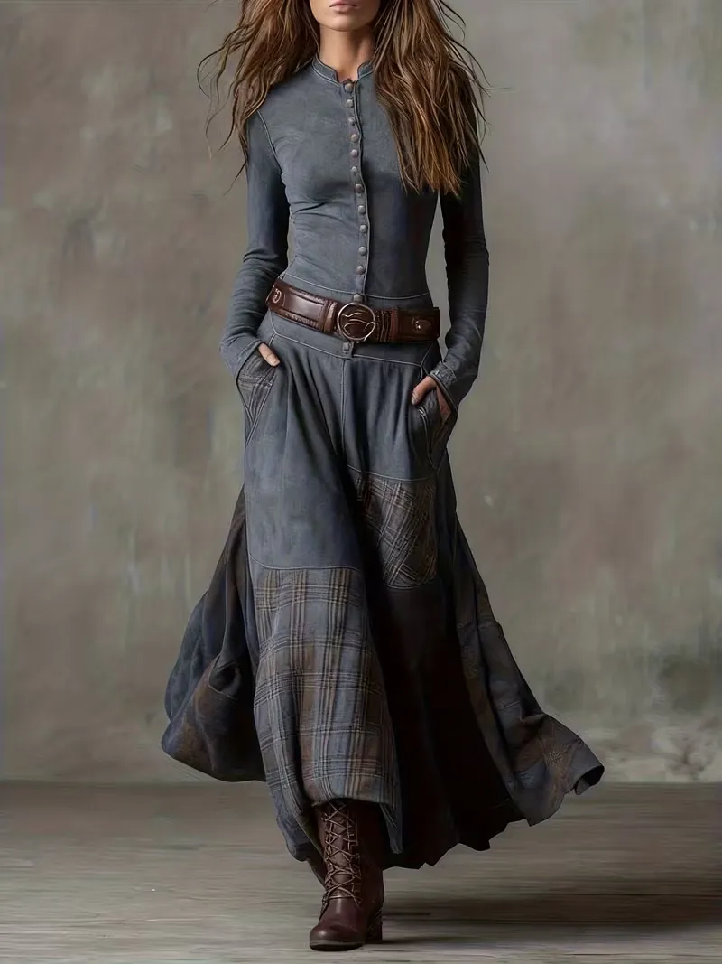 Casual Stand-up Collar Button-down Plaid Patchwork Slim-fit Dress