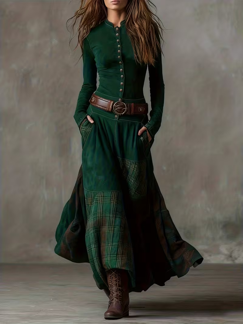Casual Stand-up Collar Button-down Plaid Patchwork Slim-fit Dress