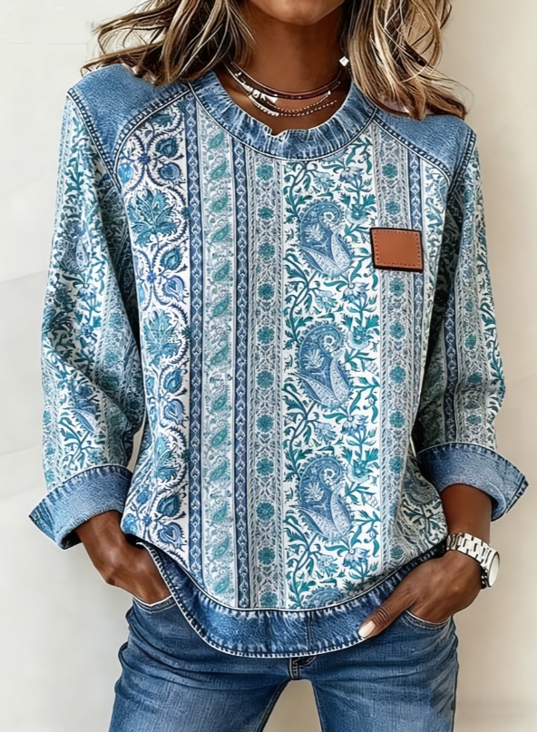 Casual Round Neck Color-blocked Printed Long-sleeved Loose Top