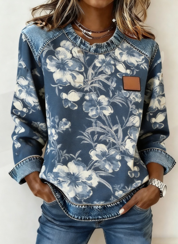 Casual Round Neck Color-blocked Printed Long-sleeved Loose Top